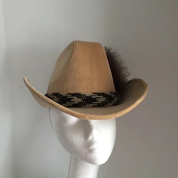 Vintage Womens Stetson Cowboy Western Hat Corduroy Cotton Feather Beige 6-3/4 - Picture 8 of 12
